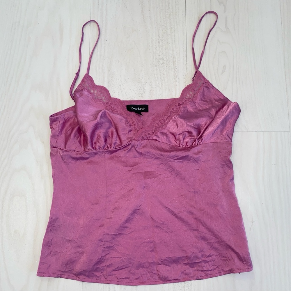 Bebe Pink Lace Trim Silk Camisole Top y2k